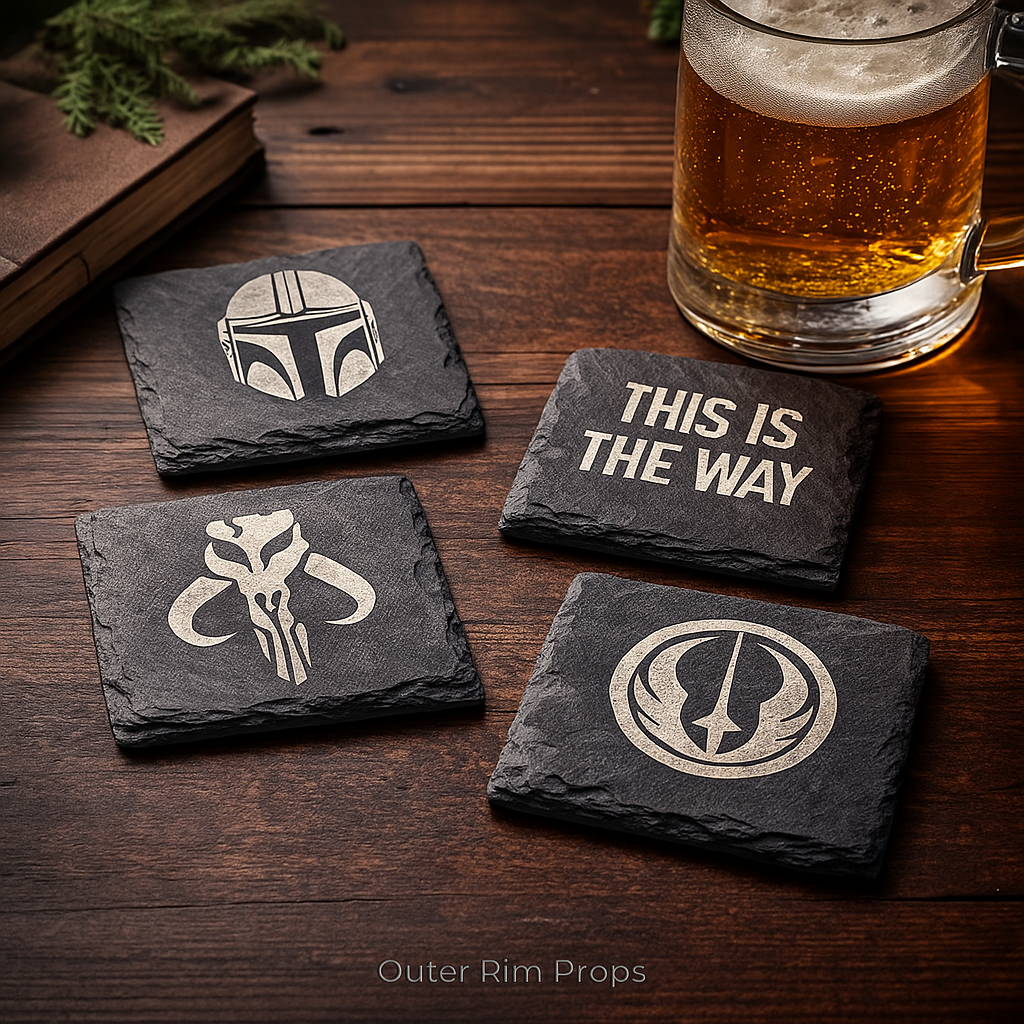 Engraved slate coaster with a stylized Mythosaur-themed icon from Outer Rim Props