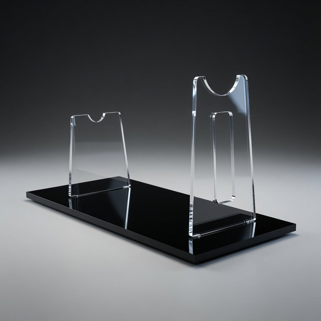 Angled view of the Rey NN-14 blaster display stand showing the clear acrylic riser profile