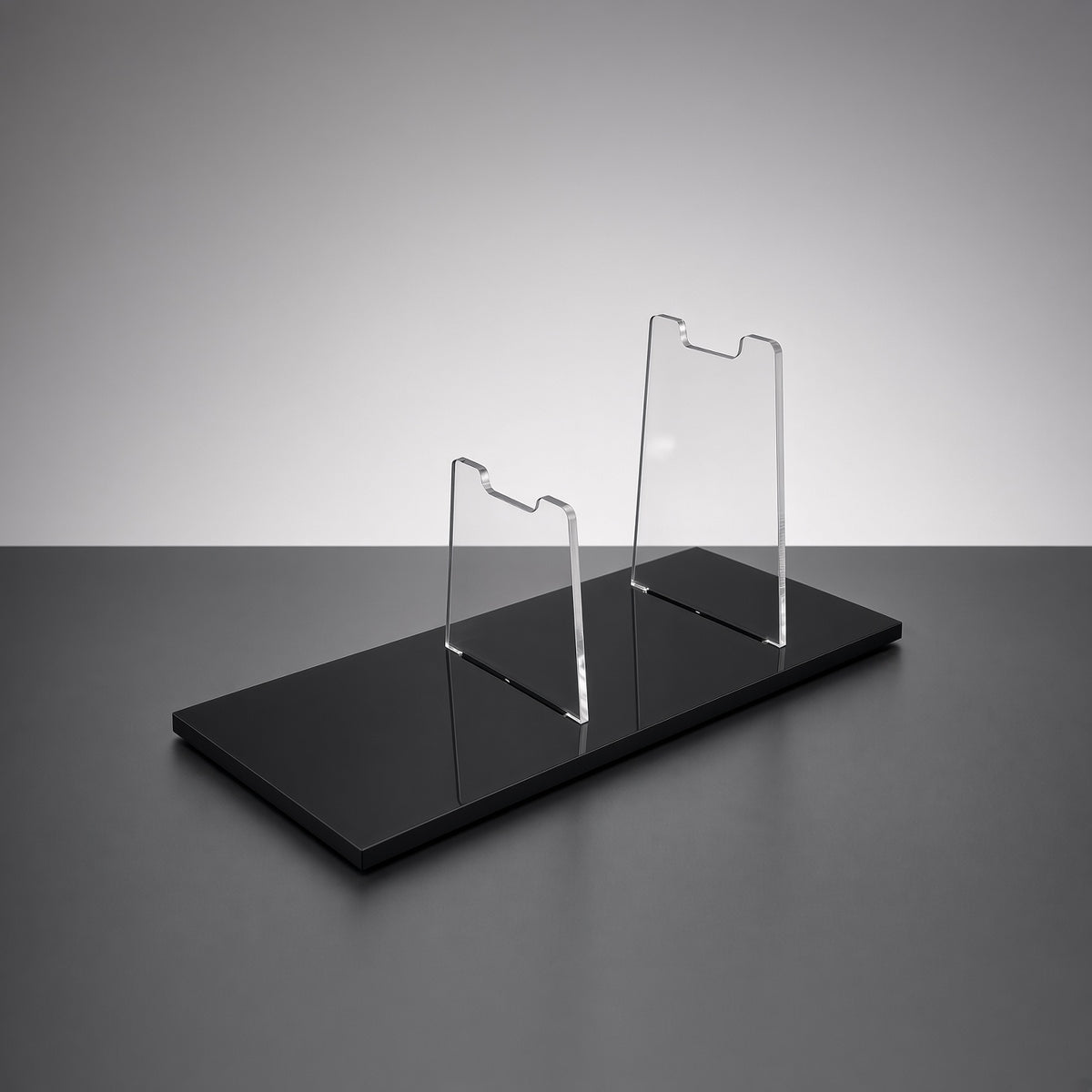 SE-14R display stand rear view showing notched acrylic cradle risers