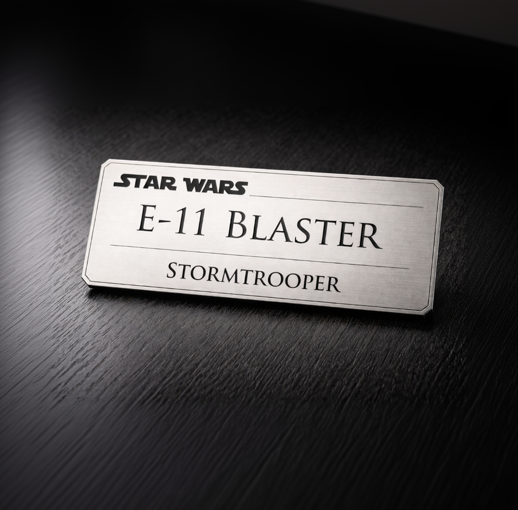 Star Wars E-11 Blaster Stormtrooper nameplate on a dark surface