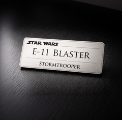 Laser-engraved Star Wars blaster display nameplate, brushed metal, Outer Rim Props