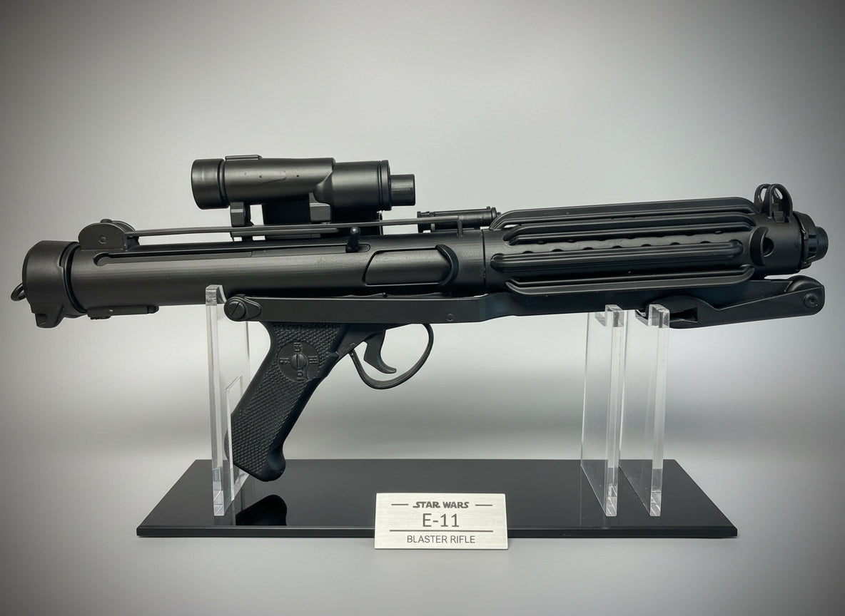E-11 stormtrooper blaster replica on acrylic display stand, Outer Rim Props Oregon