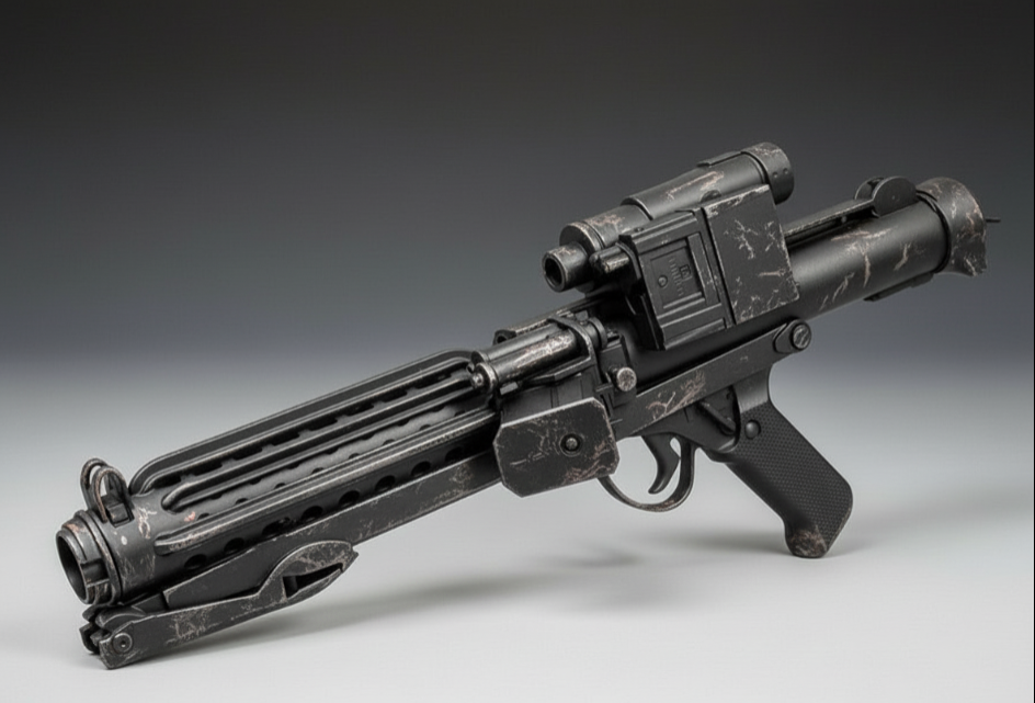 Weathered resin blaster replica inspired by iconic trooper designs.